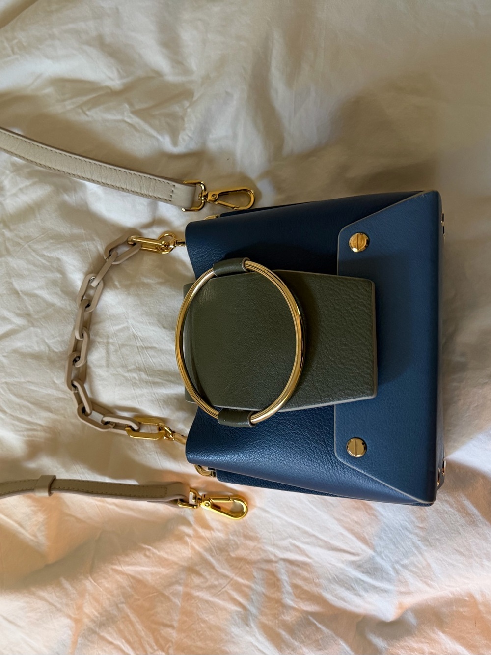 Yuzefi Navy Shoulder Bag with Olive Flap & Gold Ring